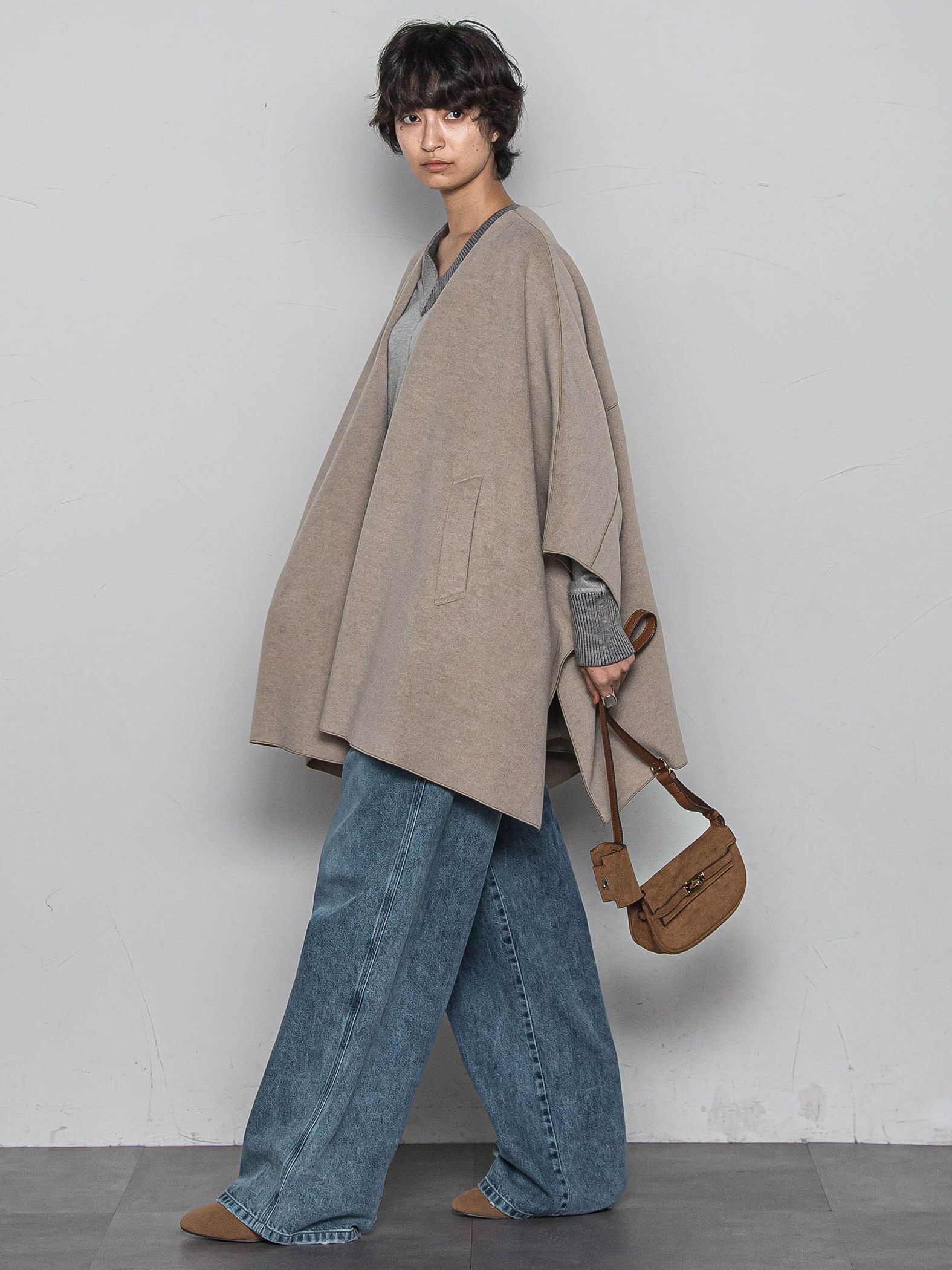 ニット両面パイルノーカラーポンチョ