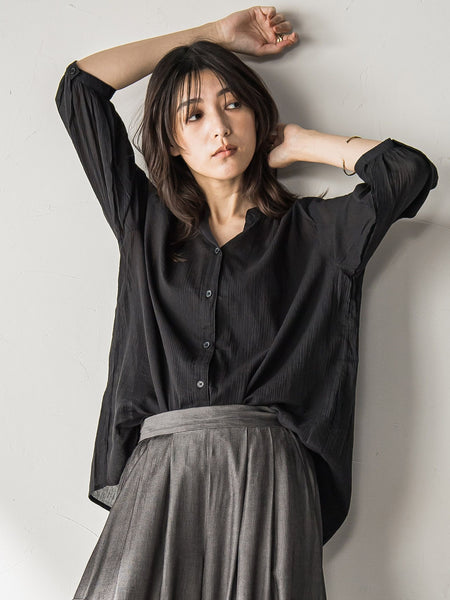 【WEB限定】バンドカラー楊柳7分袖シャツ≪洗濯機で洗える≫