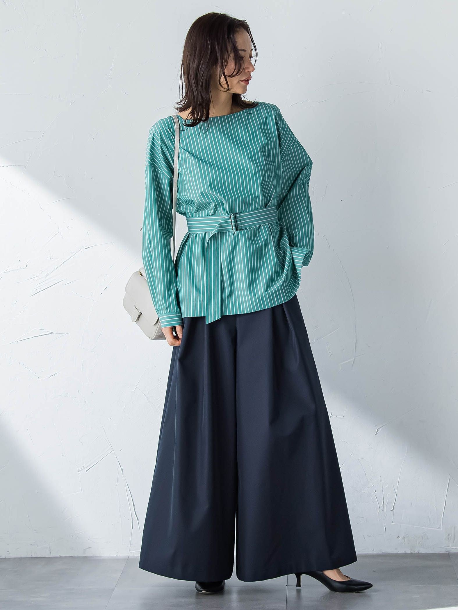 ボートネックコットンポプリンストライプブラウス