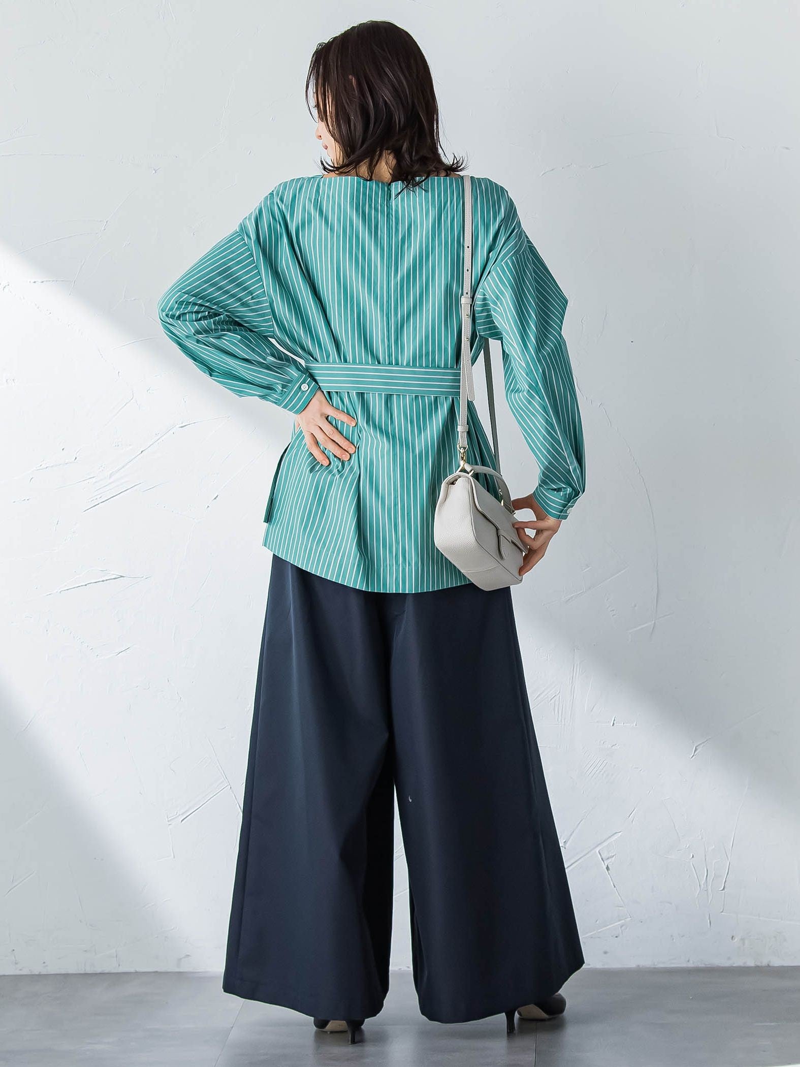 ボートネックコットンポプリンストライプブラウス