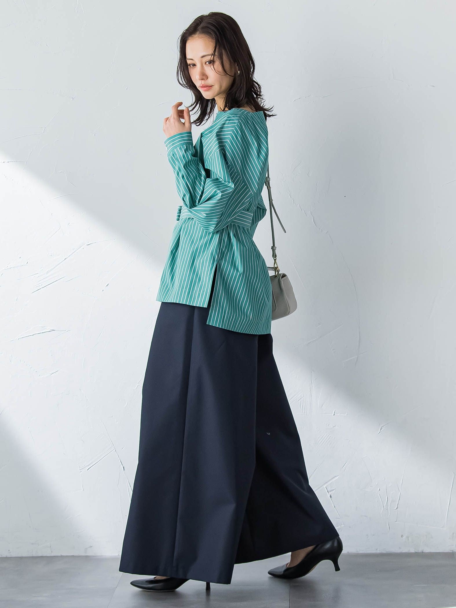 ボートネックコットンポプリンストライプブラウス