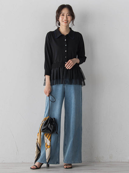 裾チュールドッキングポロ襟ニット