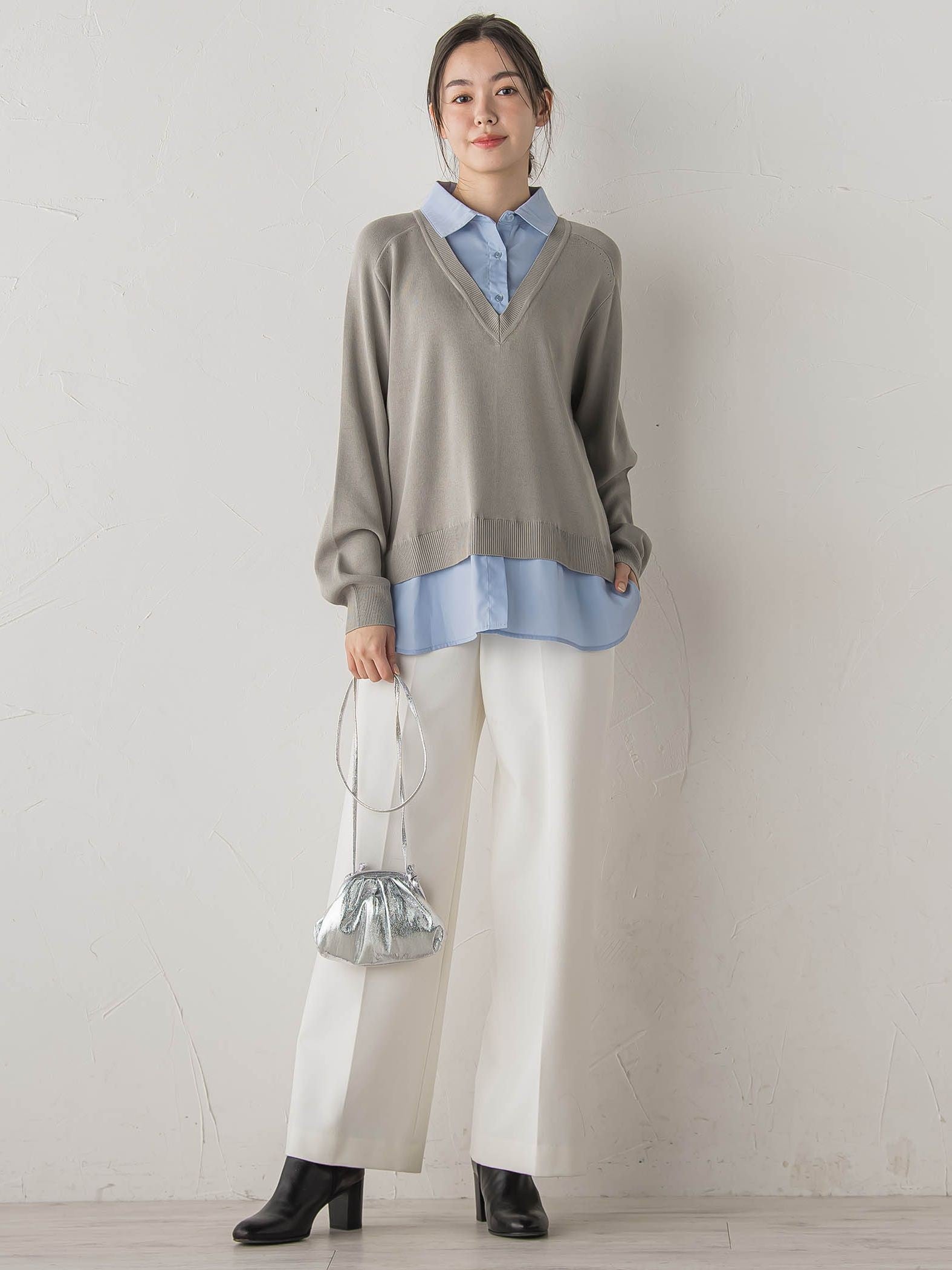 【WEB限定】Vネックブラウス切替えプルオーバー≪手洗い可能≫