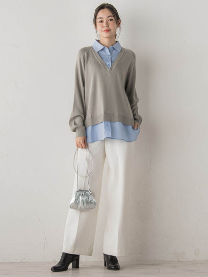 【WEB限定】Vネックブラウス切替えプルオーバー≪手洗い可能≫