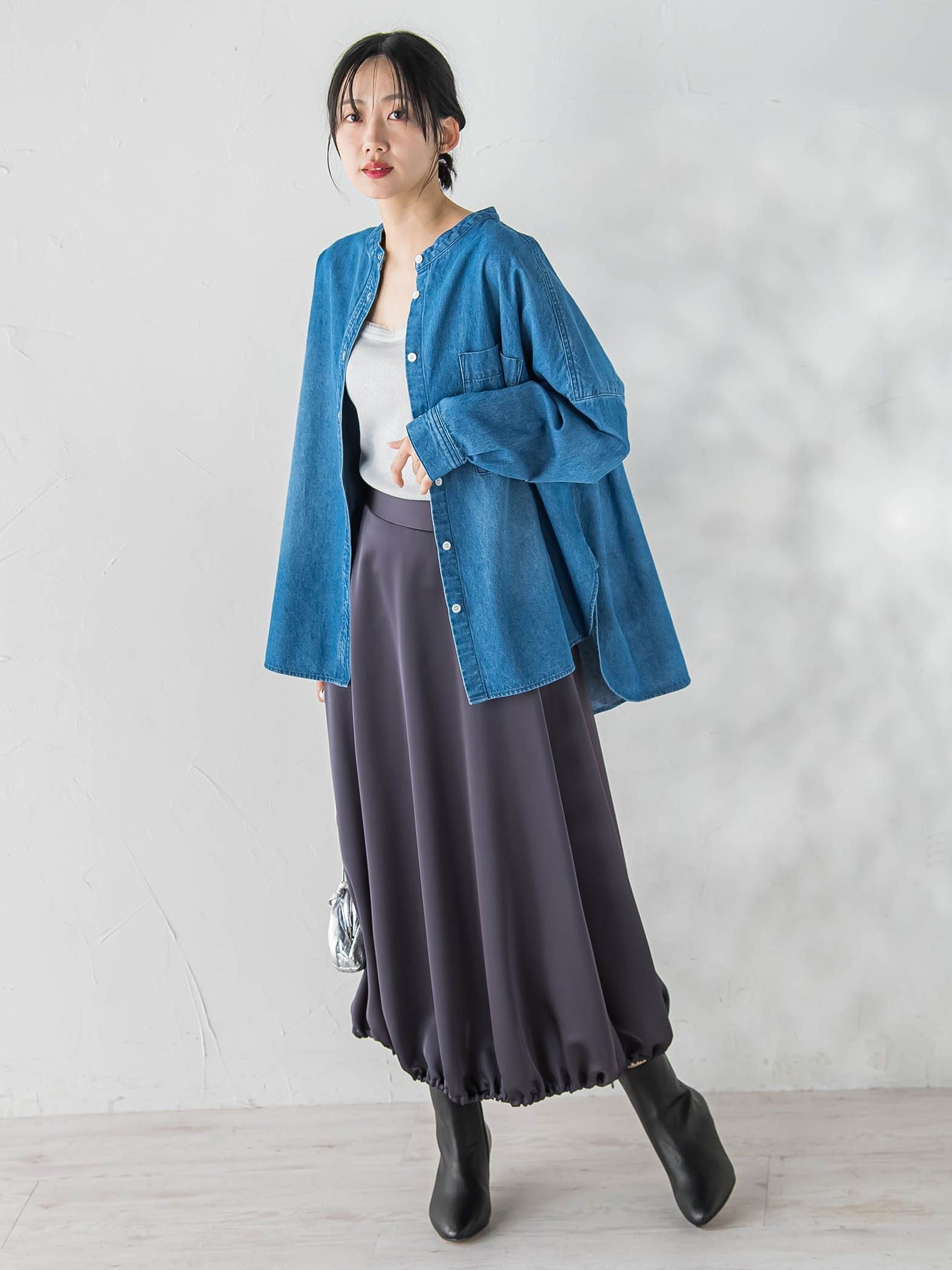 バンドカラーデニムシャツ≪洗濯機で洗える≫