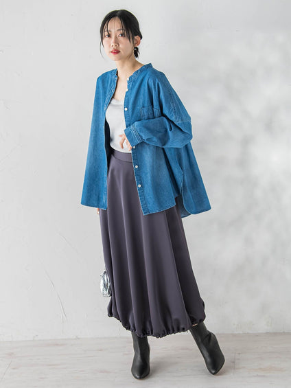 バンドカラーデニムシャツ≪洗濯機で洗える≫