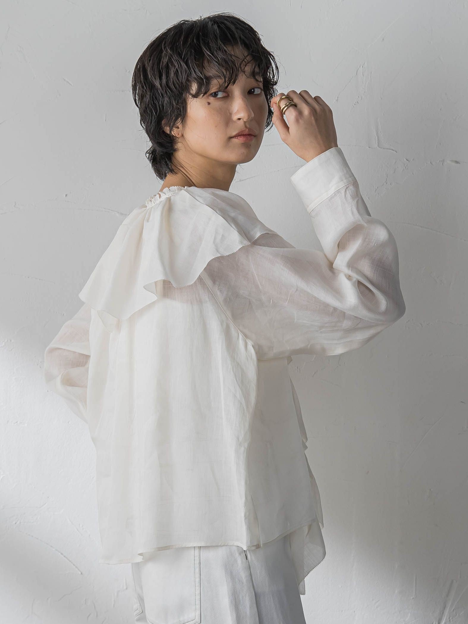 ラスターラミーカルゼラッフルカラーブラウス