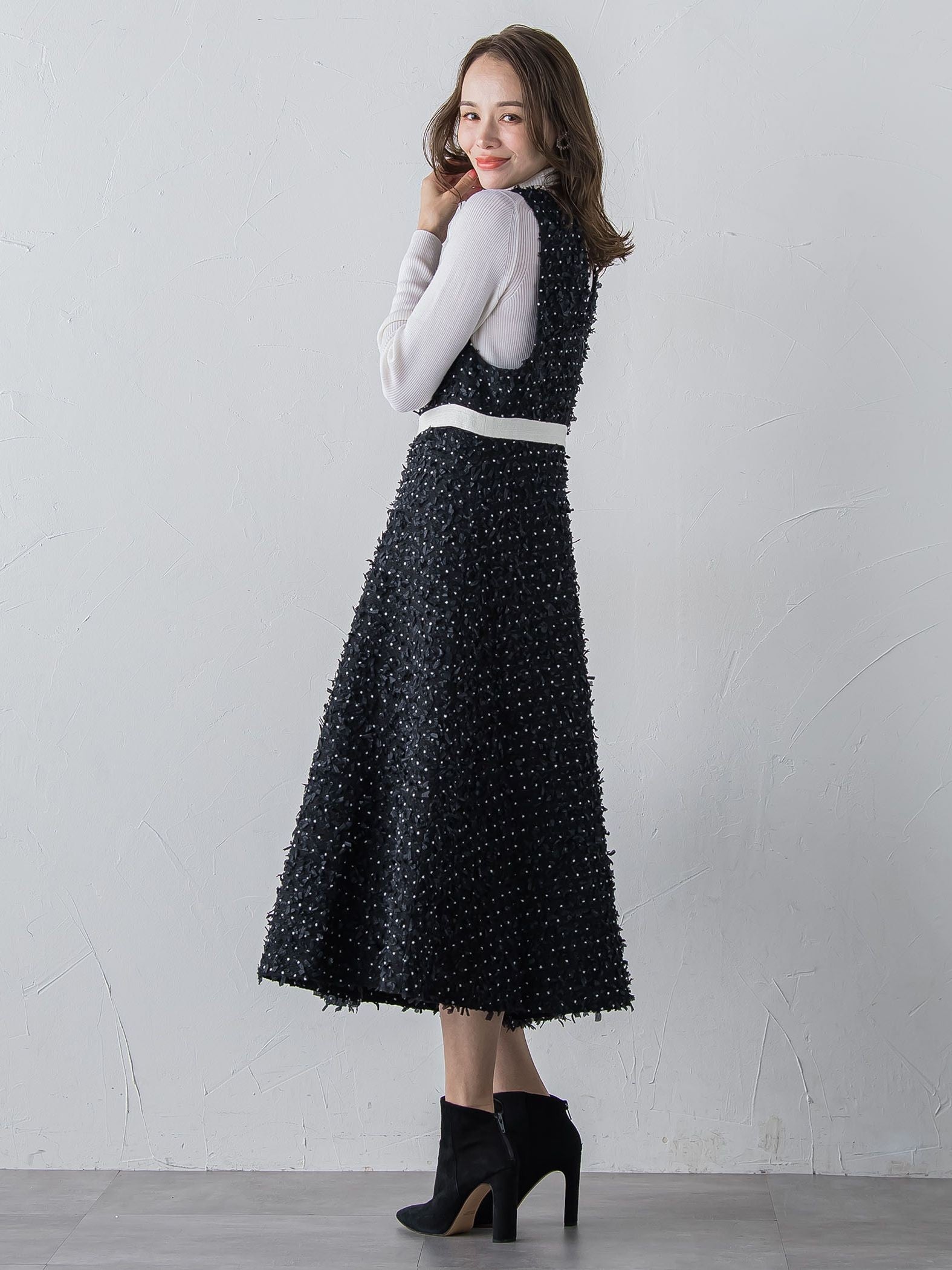 リボンドットツイードワンピース