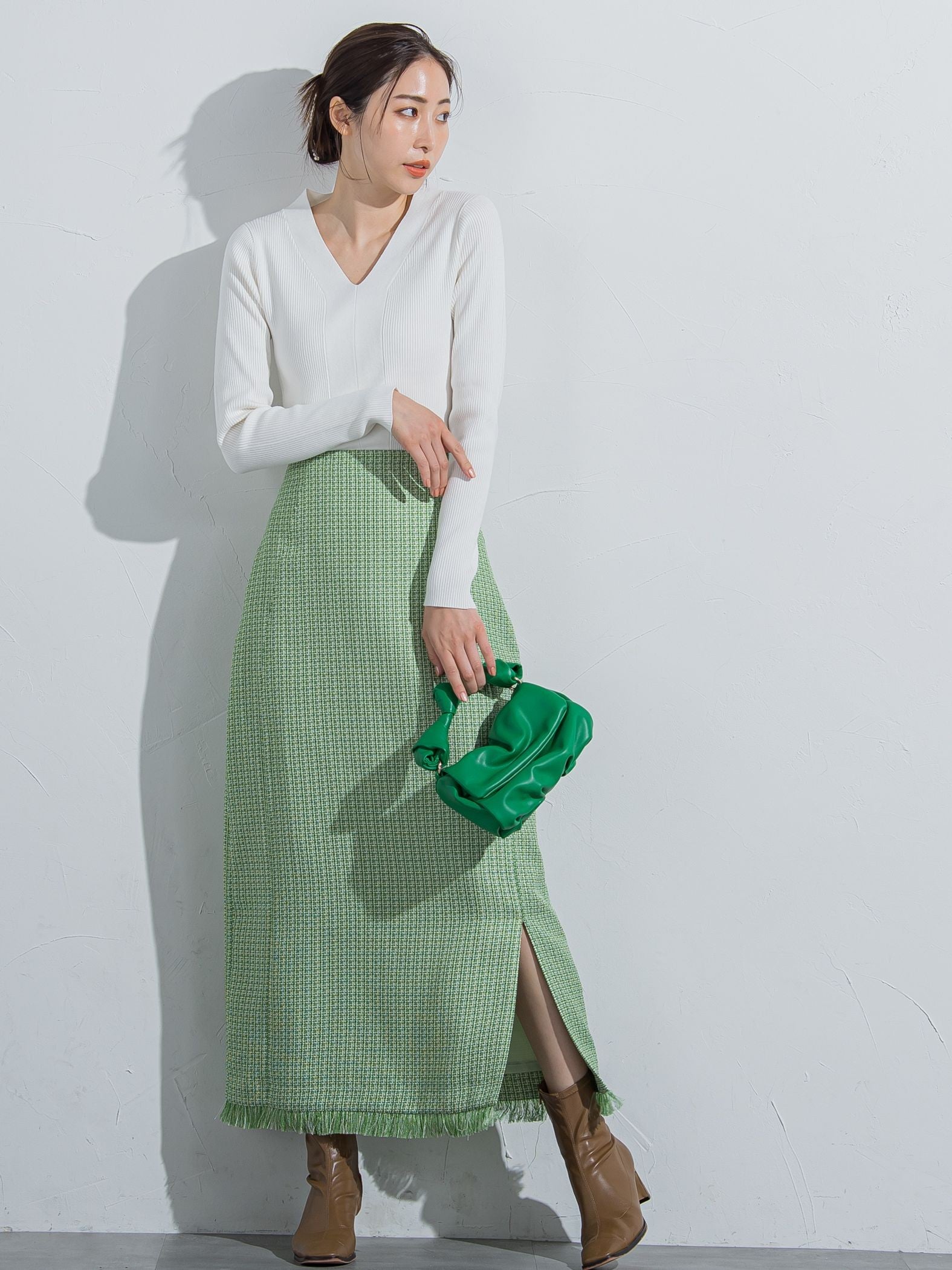 【秋のムードがたっぷり】ツィードフリンジスリットナロースカート《洗濯機で洗える》