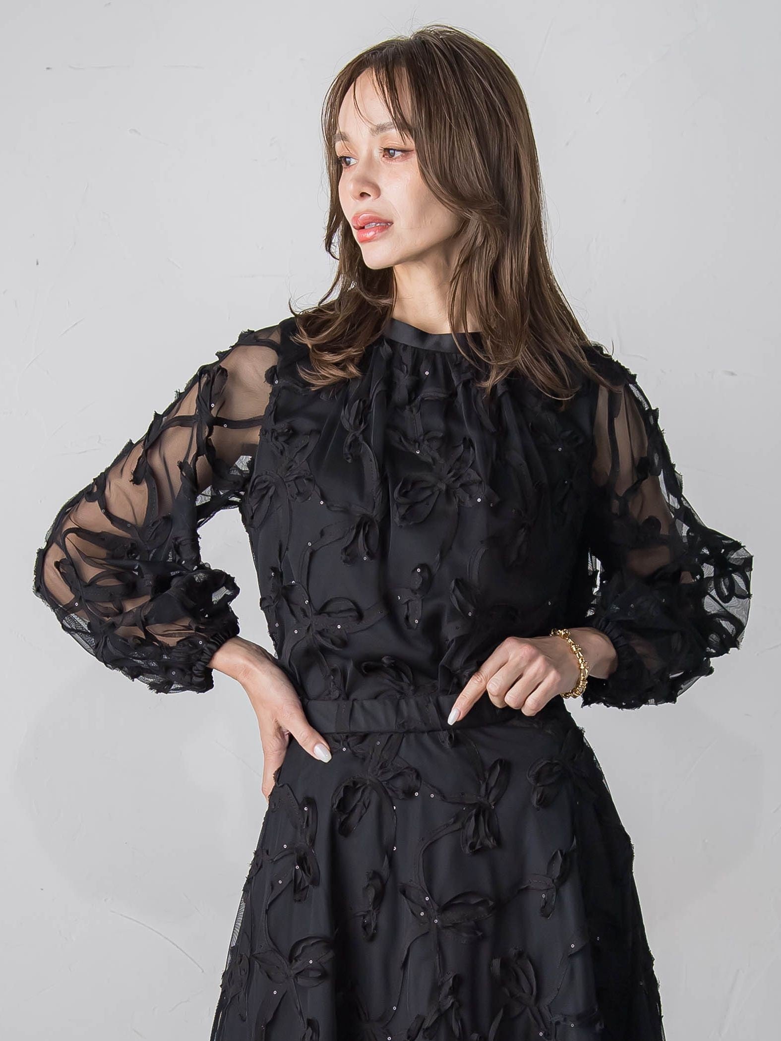 スパンコールテープチュールブラウス