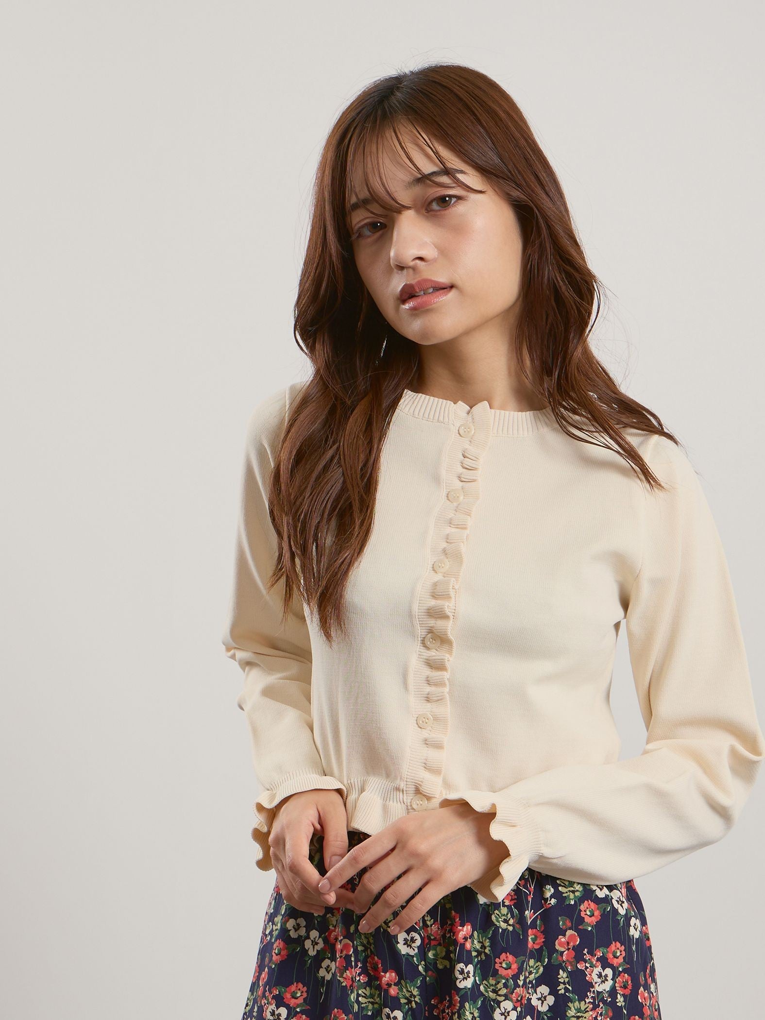 スポンディッシュニットフリルカーディガン≪手洗い可能≫