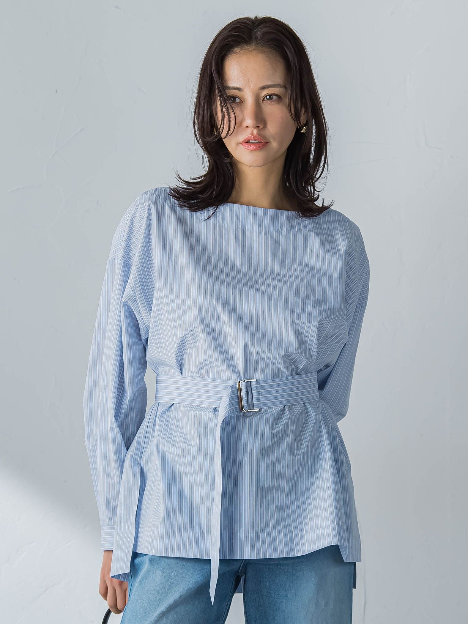 ボートネックコットンポプリンストライプブラウス