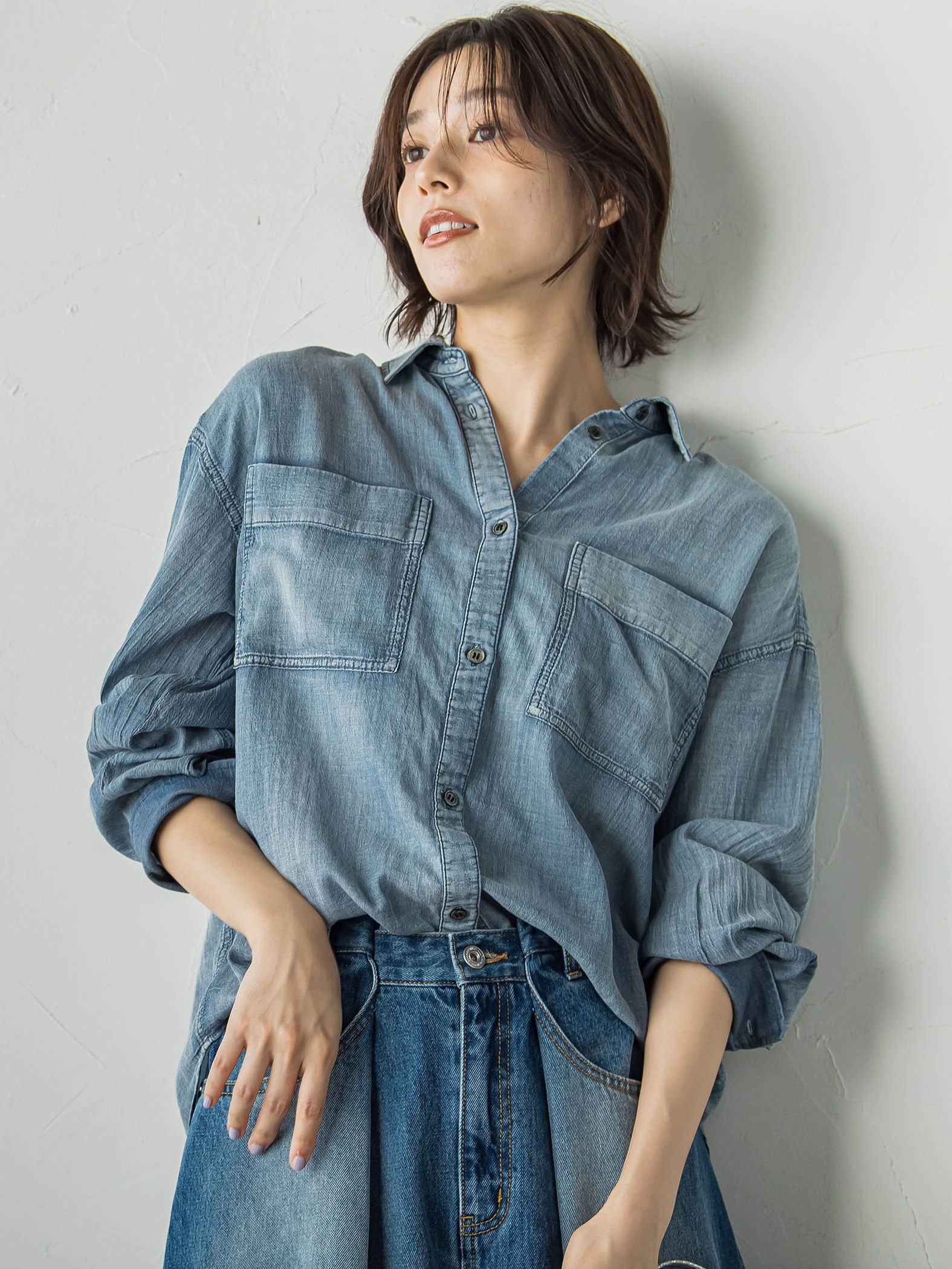 シアーデニムシャツ≪洗濯機で洗える≫