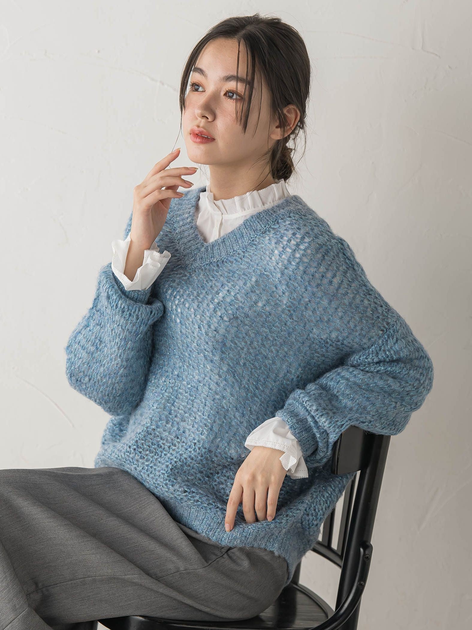 【WEB限定】モヘヤラメVネックショートプルオーバー≪手洗い可能≫