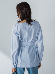 ボートネックコットンポプリンストライプブラウス