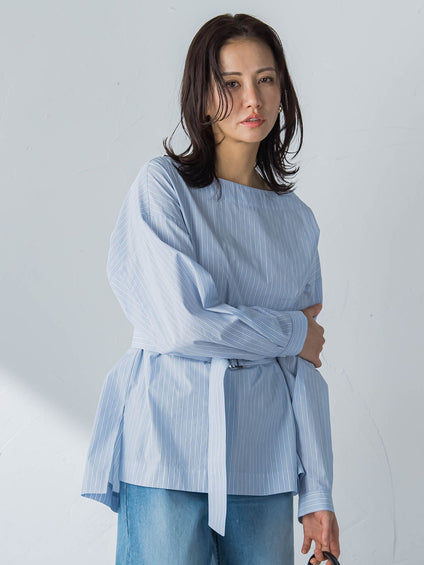 ボートネックコットンポプリンストライプブラウス