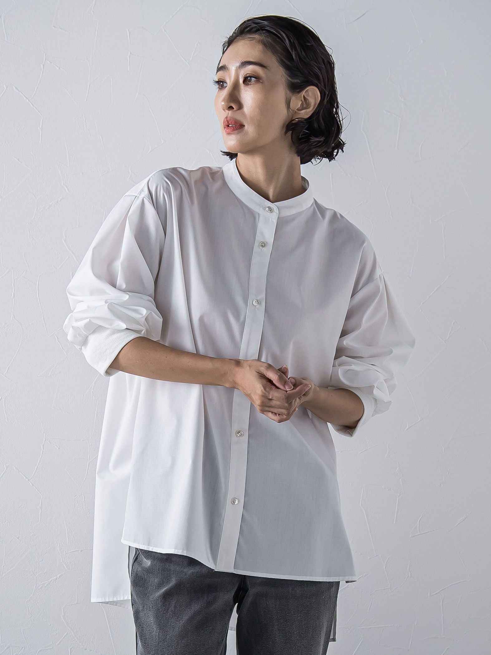 【大きいサイズ】【biyori/極】”こなれ袖がポイント”バンドカラーシャツ