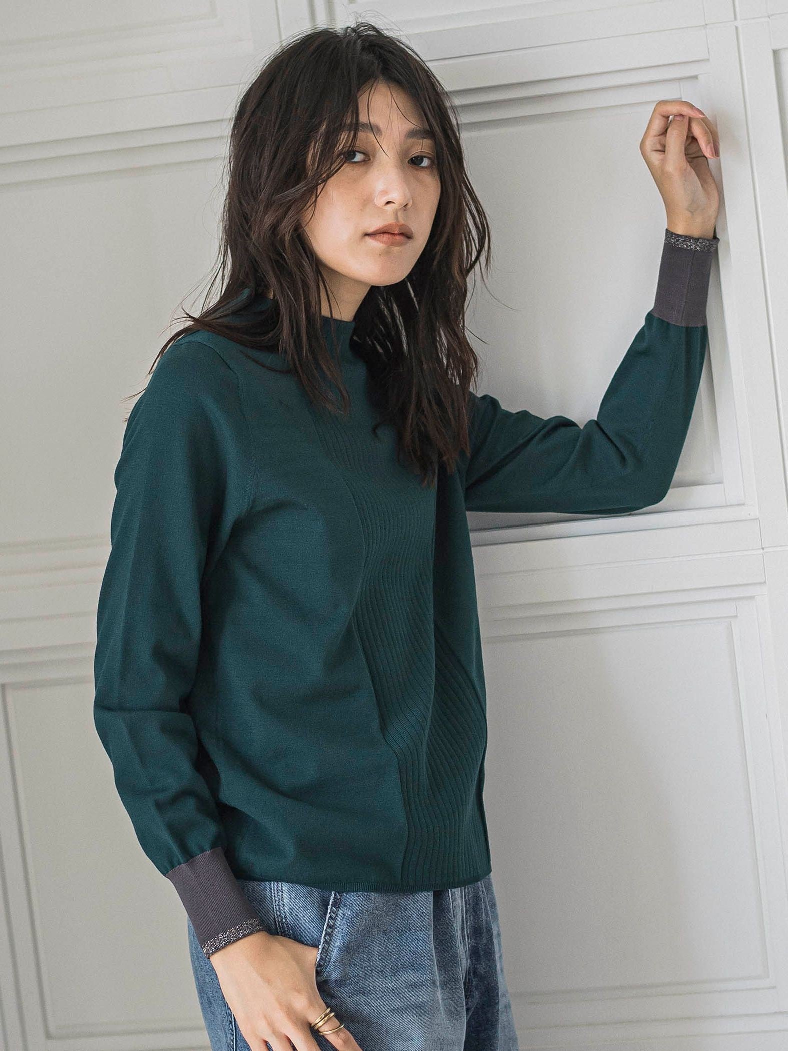 ボトルネック配色ニットプルオーバー≪手洗い可能≫