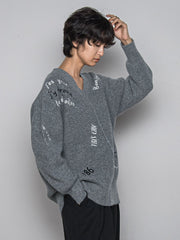 メッセージ刺繍Vネックニットプルオーバー≪手洗い可能≫