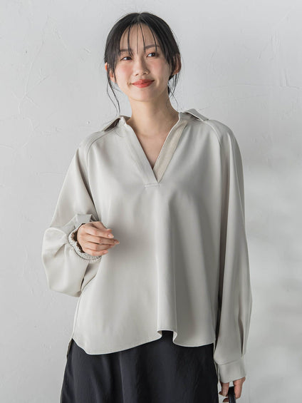 【WEB限定】パウダーストレッチ合わせネックブラウス≪手洗い可能≫