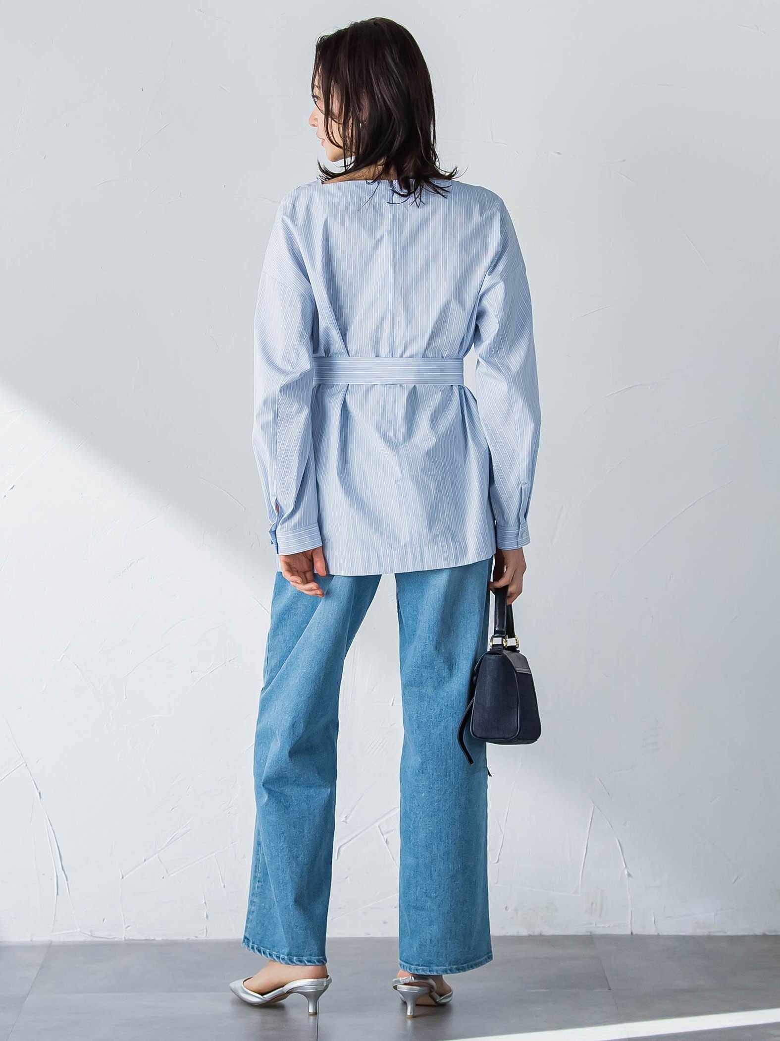 ボートネックコットンポプリンストライプブラウス