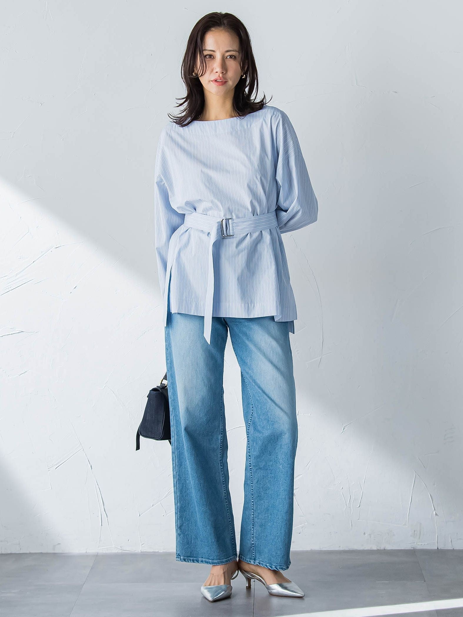 ボートネックコットンポプリンストライプブラウス