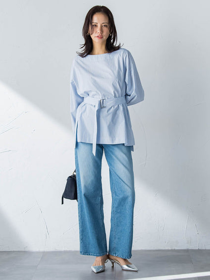 ボートネックコットンポプリンストライプブラウス