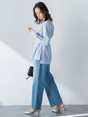 ボートネックコットンポプリンストライプブラウス