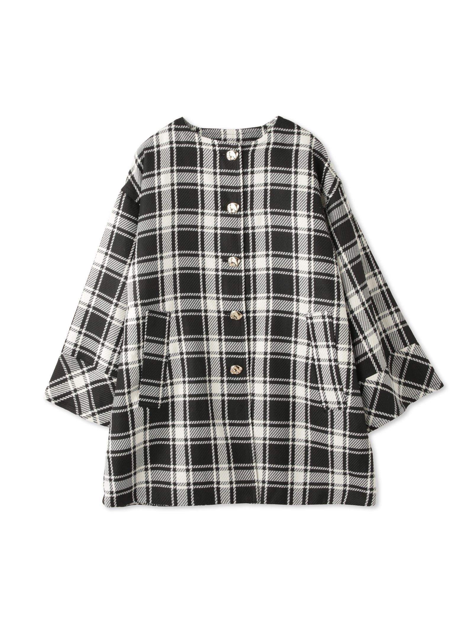 ツィーディチェックノーカラーコート≪手洗い可能≫