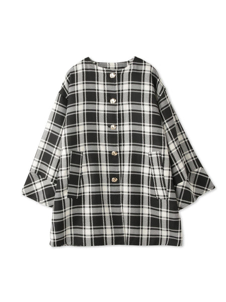 ツィーディチェックノーカラーコート≪手洗い可能≫