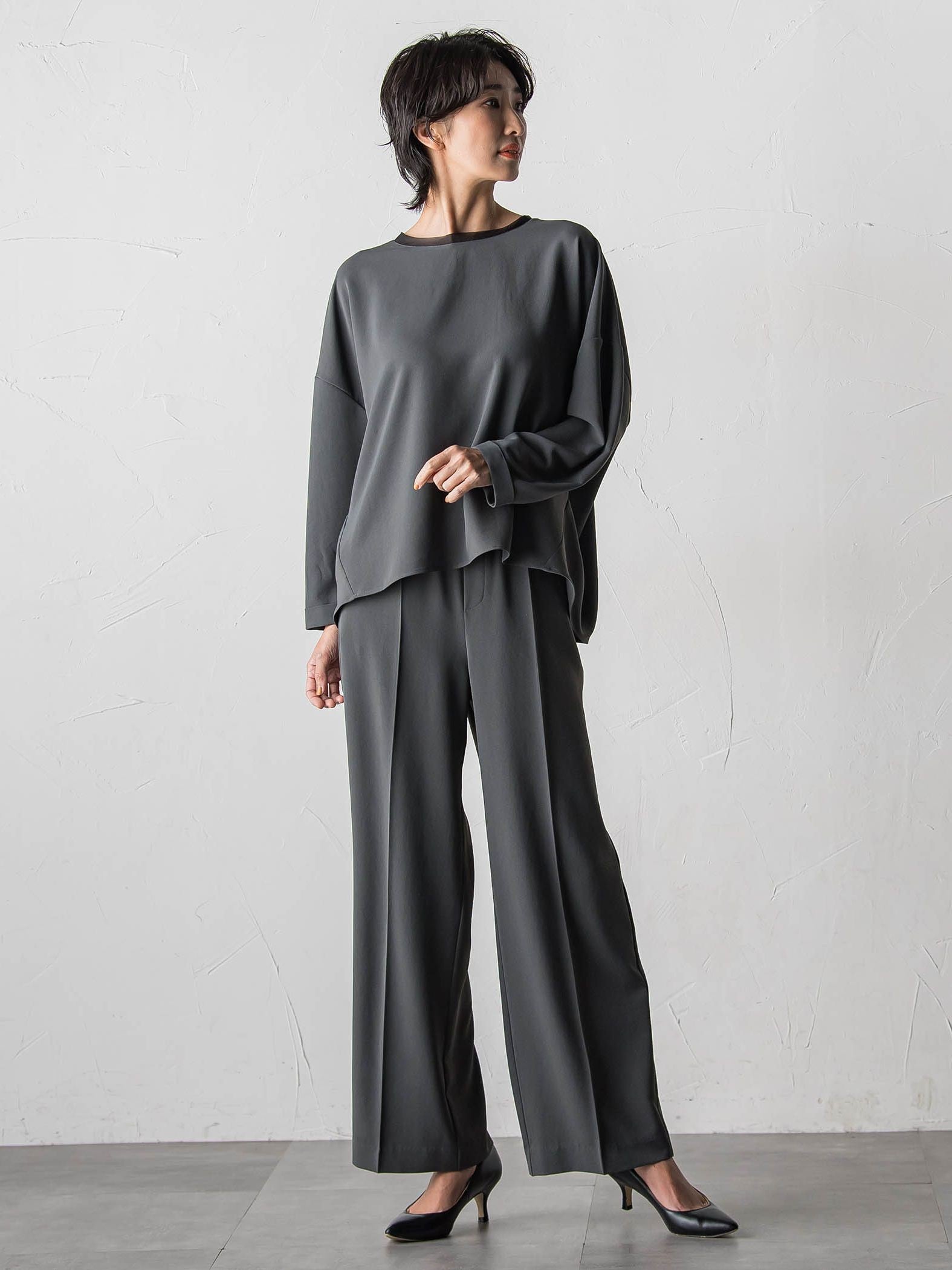 【大きいサイズ】ハイストレッチカルゼワイドパンツ