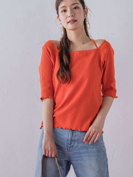 【レディな印象を演出】5分袖ヒモ付カットソー《洗濯機で洗える》