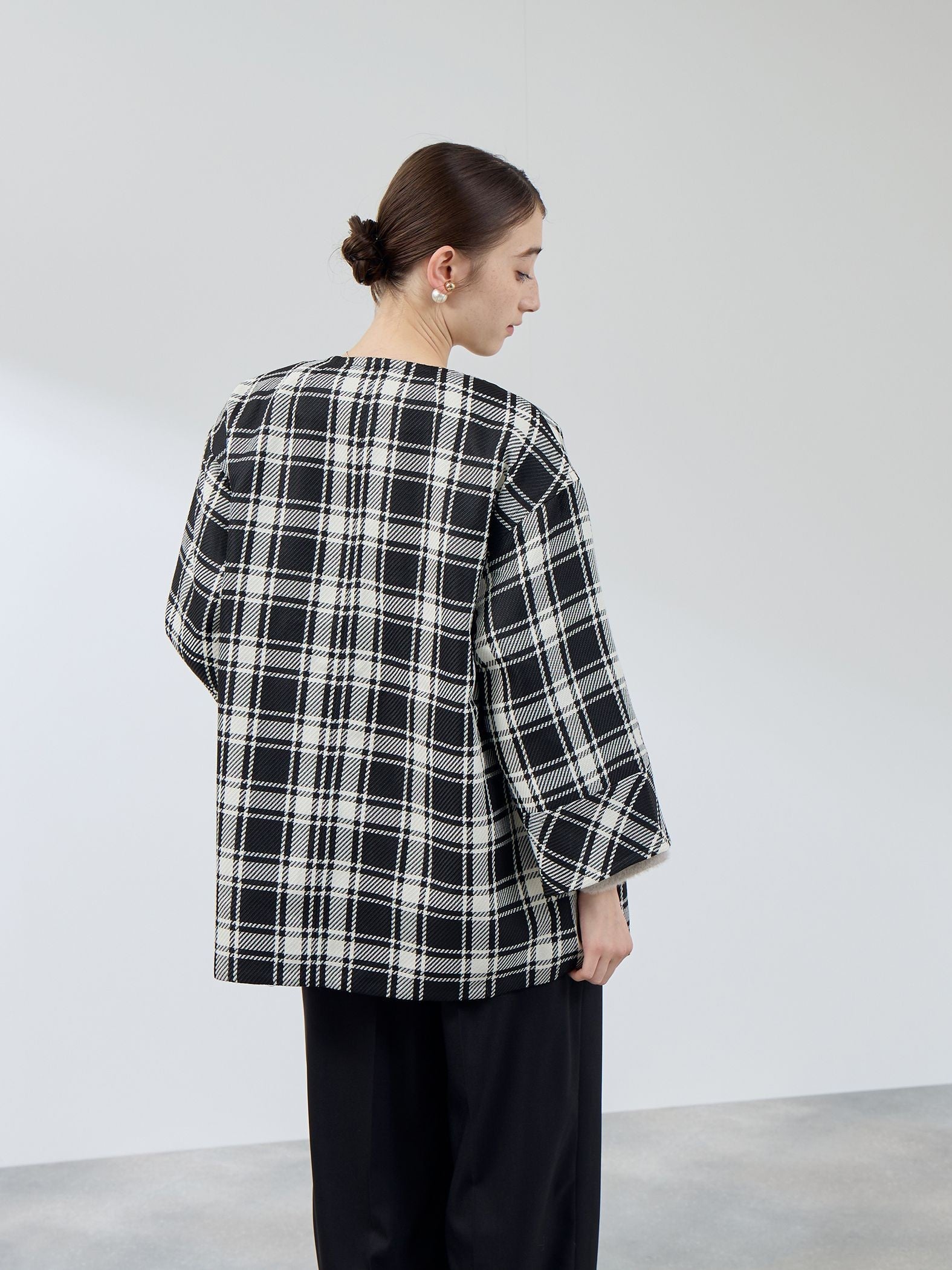 ツィーディチェックノーカラーコート≪手洗い可能≫