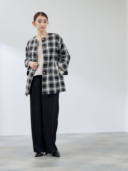 ツィーディチェックノーカラーコート≪手洗い可能≫