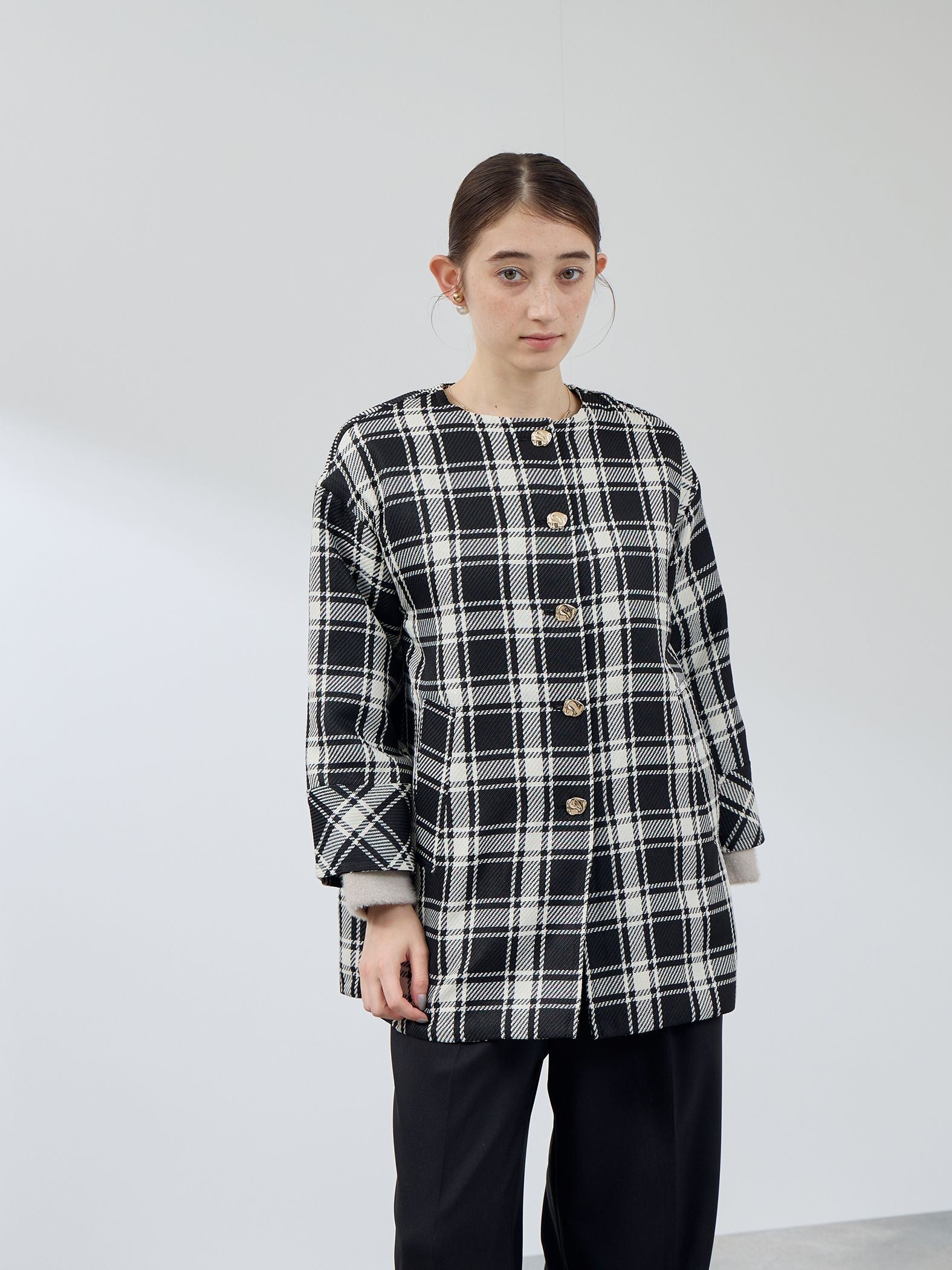 ツィーディチェックノーカラーコート≪手洗い可能≫