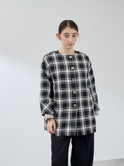 ツィーディチェックノーカラーコート≪手洗い可能≫