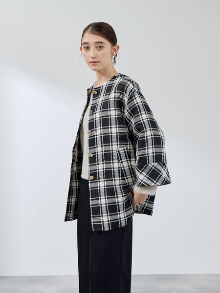 ツィーディチェックノーカラーコート≪手洗い可能≫