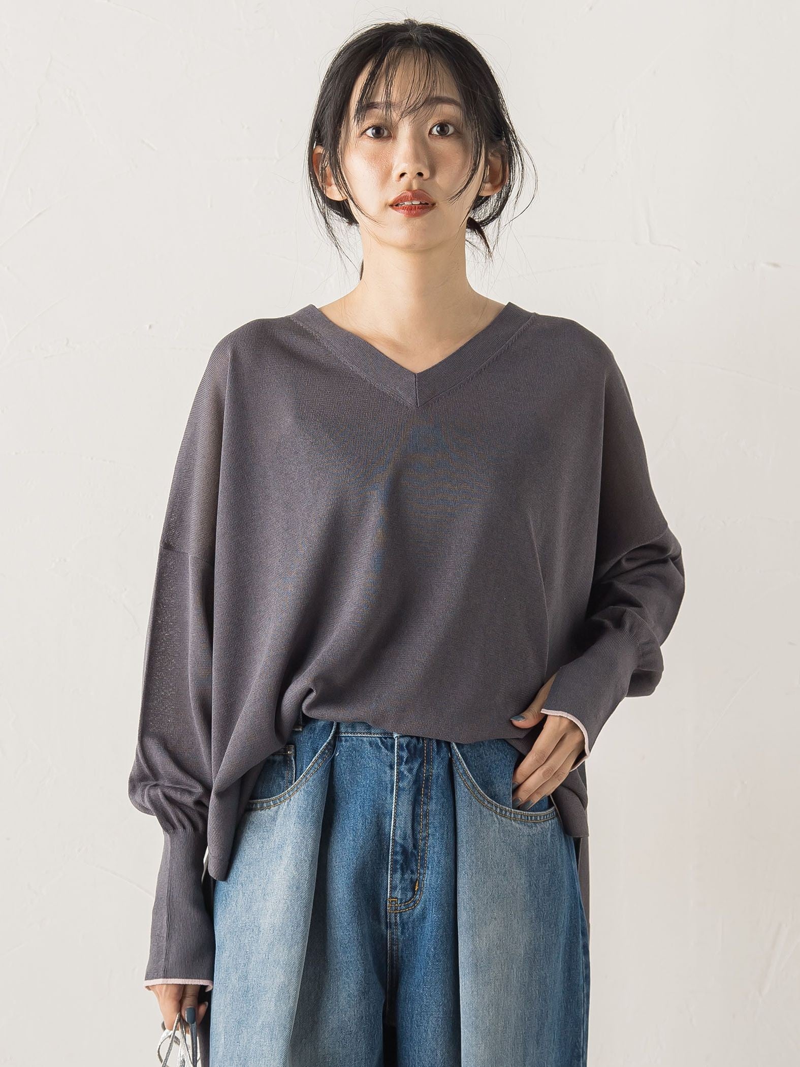 Vネックバイカラープルオーバー≪手洗い可能≫