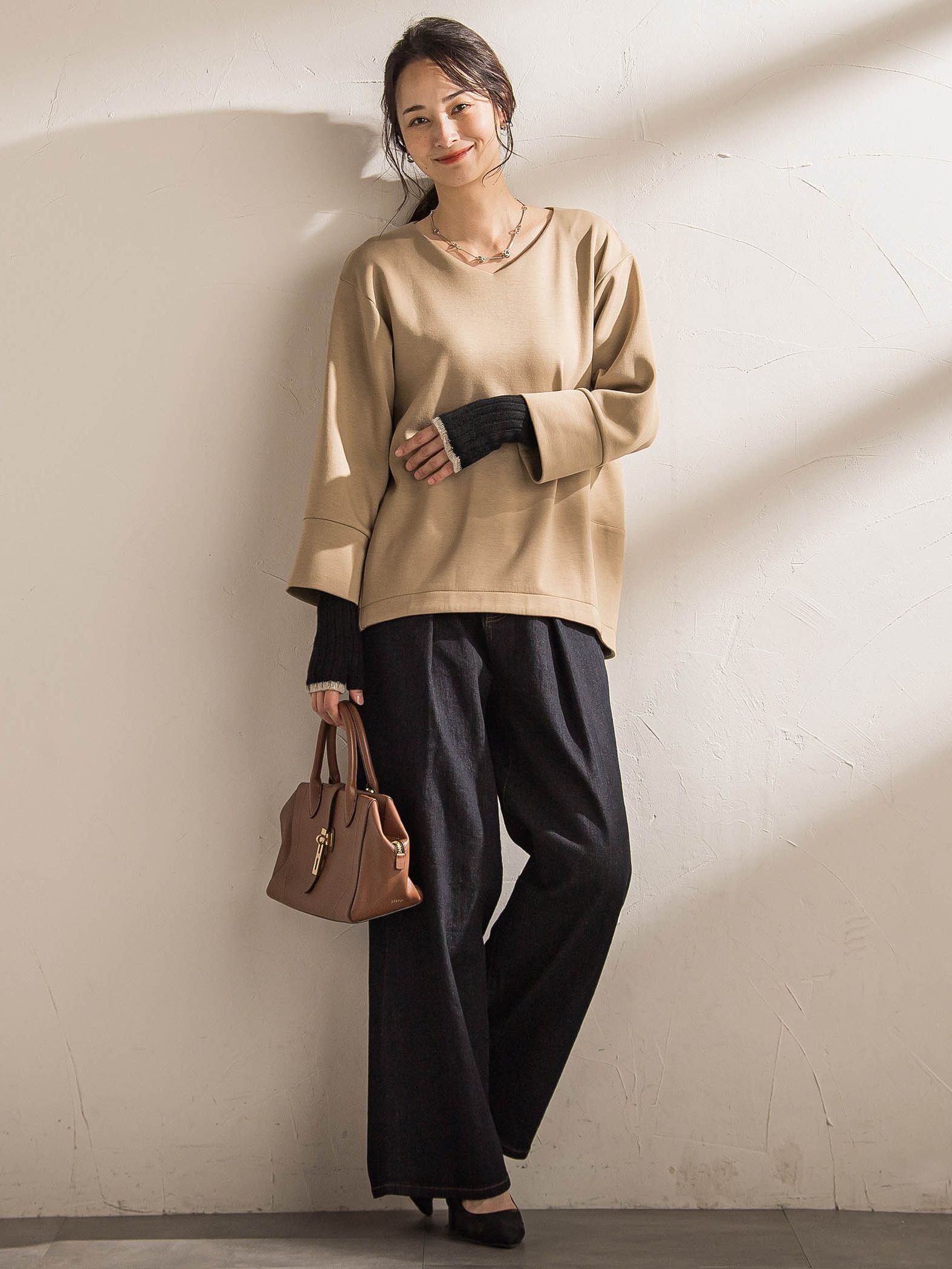 【WEB限定】《暖色美》裏起毛Vネックトップス≪手洗い≫