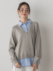 【WEB限定】Vネックブラウス切替えプルオーバー≪手洗い可能≫