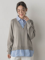 【WEB限定】Vネックブラウス切替えプルオーバー≪手洗い可能≫