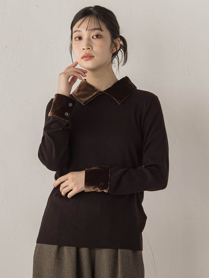 ベロア襟付きニット≪手洗い可能≫