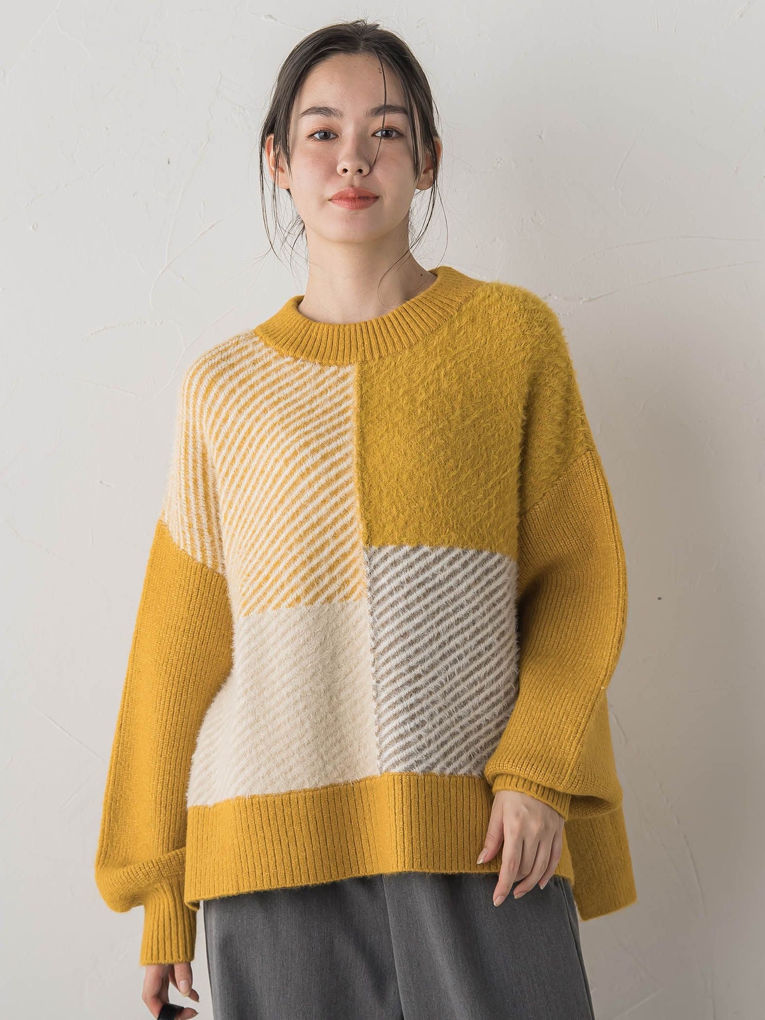 シャギージャガード切替えニット≪手洗い可能≫