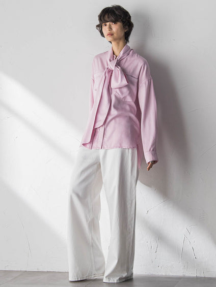 ボウタイ付きデニムシャツ≪洗濯機で洗える≫