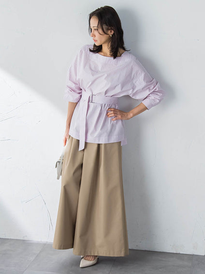 ボートネックコットンポプリンストライプブラウス