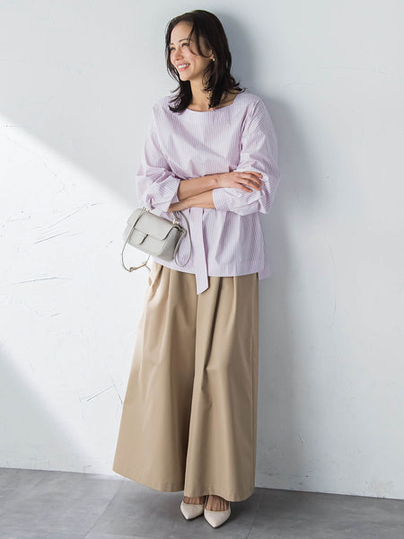 ボートネックコットンポプリンストライプブラウス