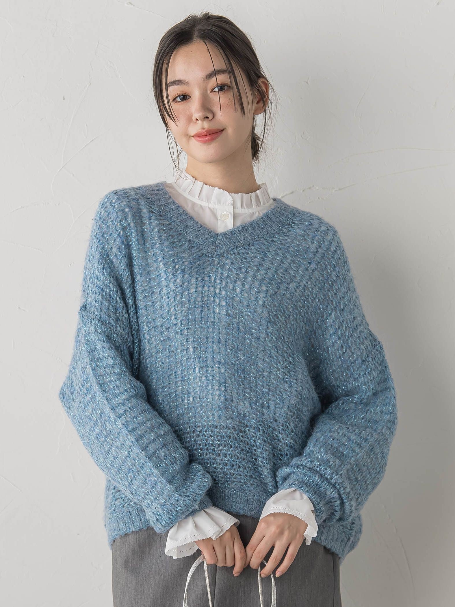 【WEB限定】モヘヤラメVネックショートプルオーバー≪手洗い可能≫