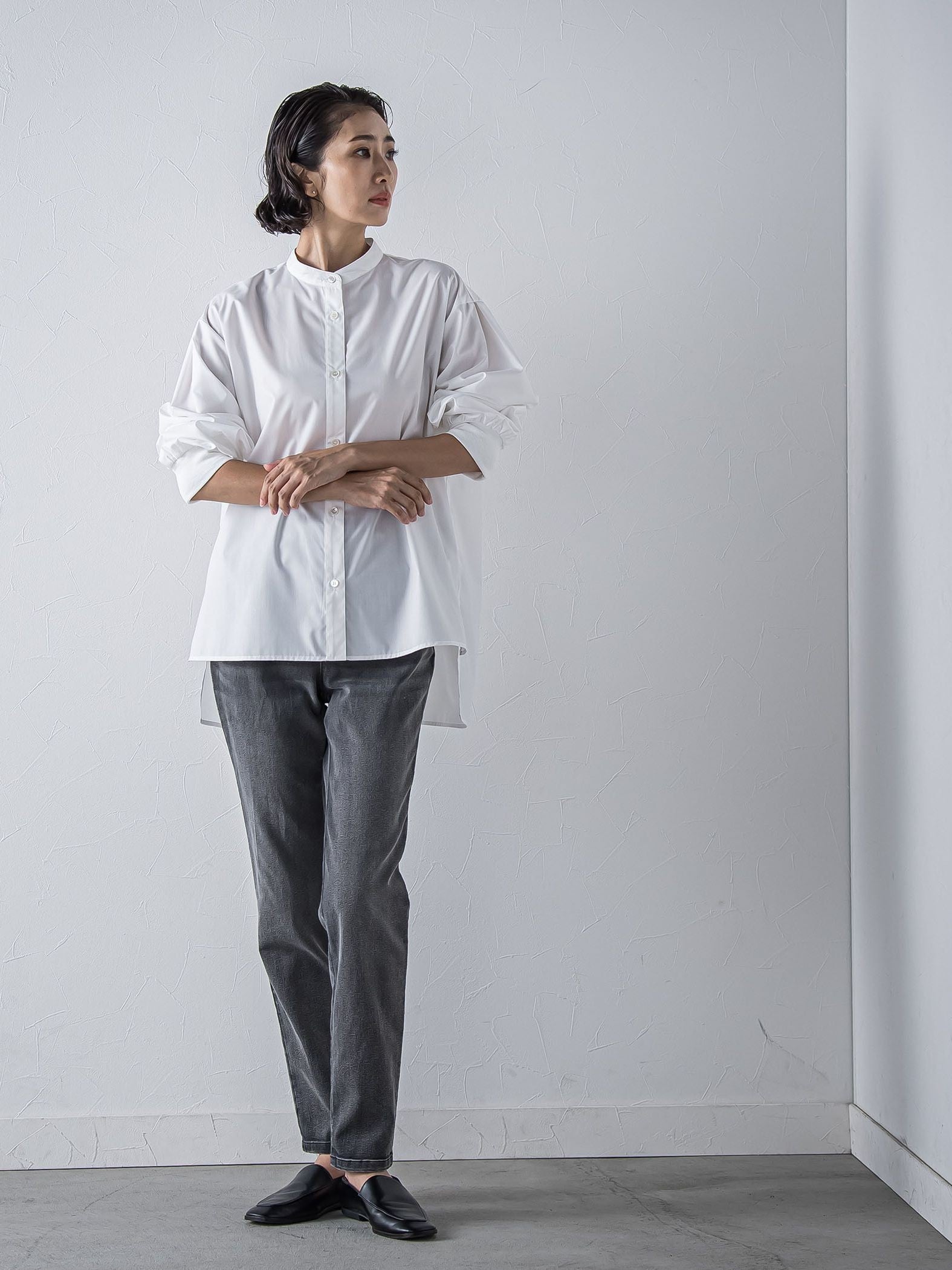 【大きいサイズ】【biyori/極】”こなれ袖がポイント”バンドカラーシャツ