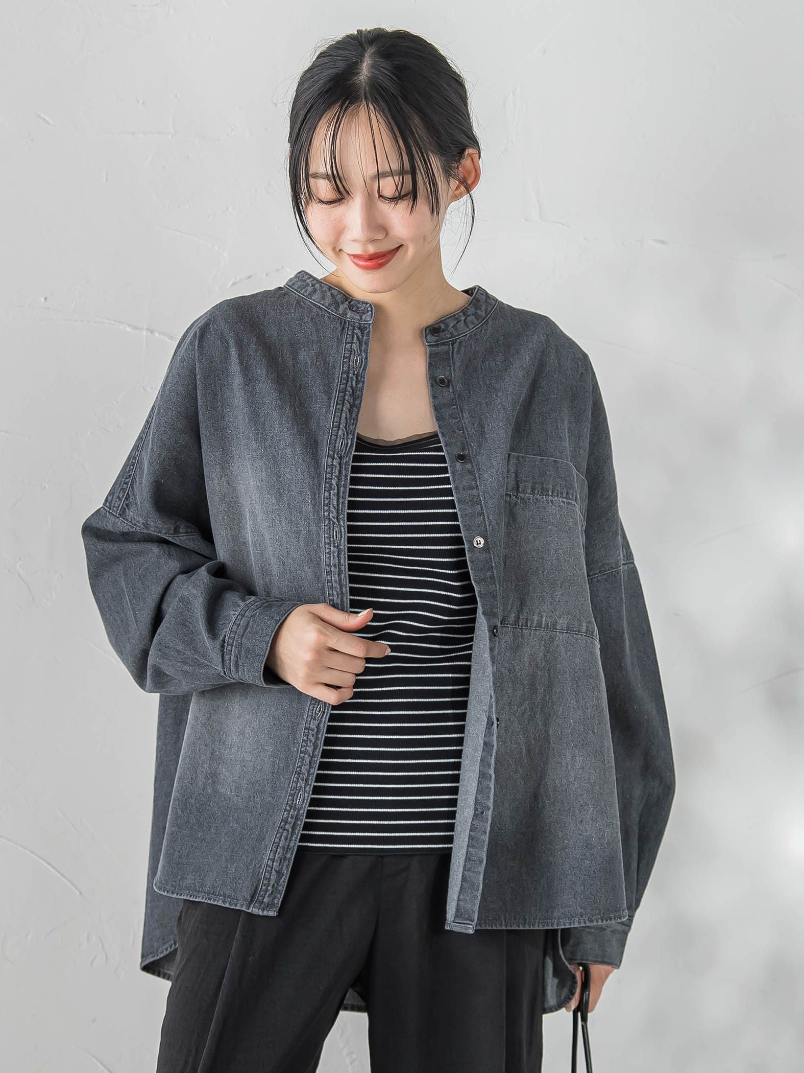 バンドカラーデニムシャツ≪洗濯機で洗える≫