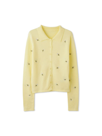 フラワー刺繍ポロニットトップス